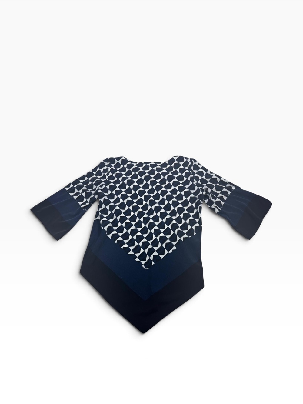 Alfani Size 6 Navy Blue Geometric Bell Sleeve Handkerchief Hem Tunic Blouse